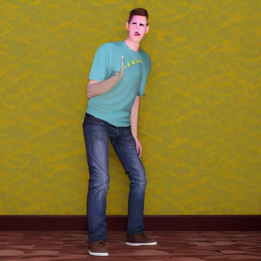 Image similar to 3 d render of jerma 9 8 5, jerma in a liminal space, non - euclidean space, office space, worn mono - yellow wallpaper, old moist carpet, inconsistently - placed fluorescent lighting, high octane, blender, 3 d render