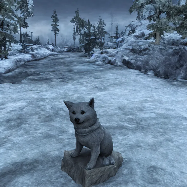 Image similar to a grey and rough hewn shiba inu statue placed beside a frozen stream, skyrim pc screenshot