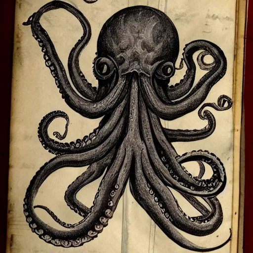 Image similar to necronomicon sketch of an ancient octopus monster, faded parchment, descriptions, aged, highly detailed, 8 k,