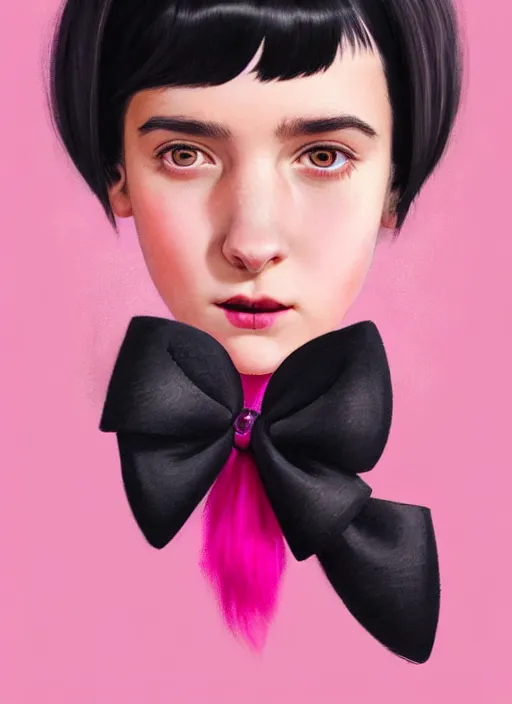 Image similar to portrait of teenage girl, realistic, black hair, bangs, half updo hairstyle, pointy nose, skinny, smile, ugly, defined jawline, big chin, pink hair bow, earrings, intricate, elegant, glowing lights, highly detailed, digital painting, artstation, sharp focus, illustration, art by wlop, mars ravelo and greg rutkowski