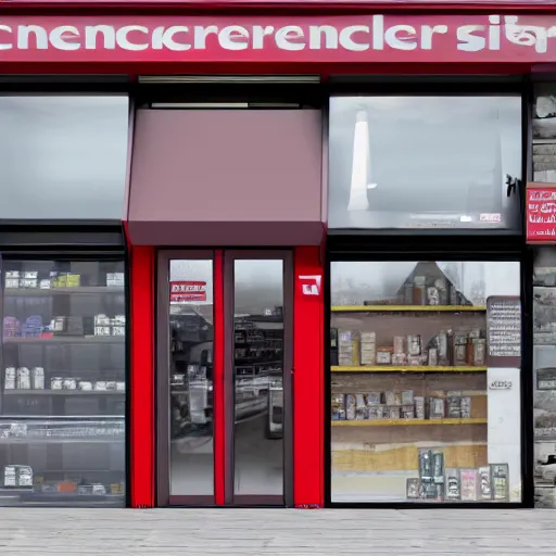 Image similar to Shopfront of a convenience store in anthracite with red burgundy details, award winning architectural design, best of retail