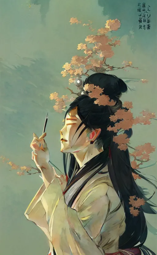 Image similar to a personification of Japan, highly detailed, digital painting, artstation, concept art, sharp focus, illustration, art by greg rutkowski and alphonse mucha