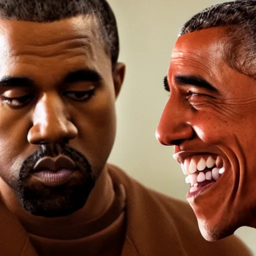 Prompt: a cinematic portrait of Kanye West and Barack Obama, 40mm lens, shallow depth of field, split lighting