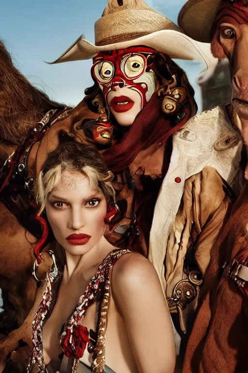 Image similar to dolce & gabbana campaign featuring jar jar binks as a female cowgirl, long eyeslashes, huge juicy lips, big seductive eyes, shot by mario testino, realistic vfx simulation