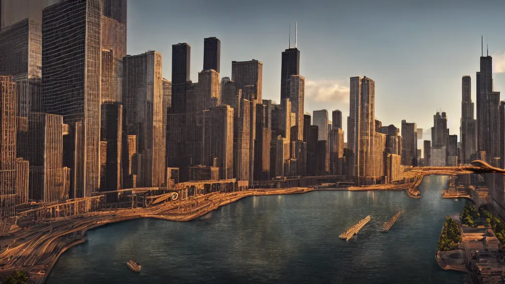 Image similar to there is a monster problem in Chicago, photorealistic, 8k, golden hour, hyperrealistic, super detailed