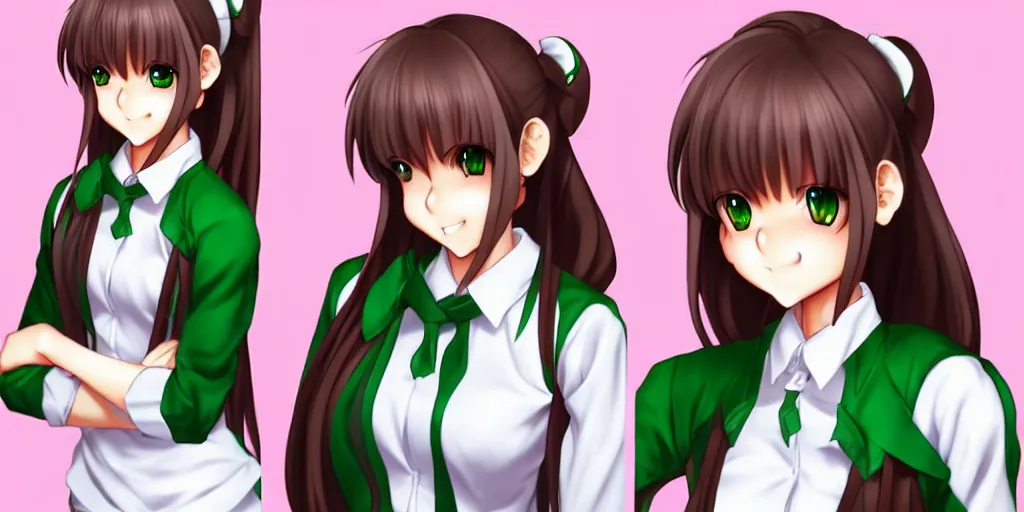 Image similar to full body videogame sprite of a beautiful anime high school girl at the subway, full body, brown hair, ponytail, white ribbon, green eyes, full perfect face, slightly smiling, detailed background, drawn by Artgerm, Sasoura, Satchely, no distorsion