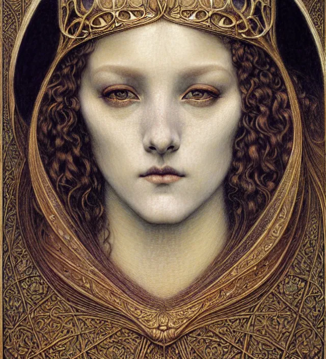 Image similar to detailed realistic beautiful young medieval queen face portrait by jean delville, gustave dore and marco mazzoni, art nouveau, symbolist, visionary, gothic, pre - raphaelite. horizontal symmetry