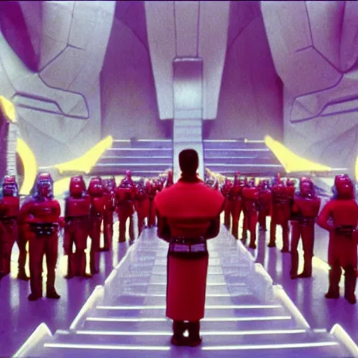 Prompt: Jodorowsky's Dune movie, cinema still, photo realistic, emperor's throne room with guards, in focus faces, colorful uniforms, wide angle, 8k, cinestill 400t film