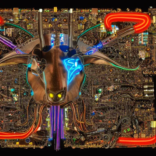 Image similar to cybernetic evil goat head merged with complex circuitry and machinery, multicolored, giger