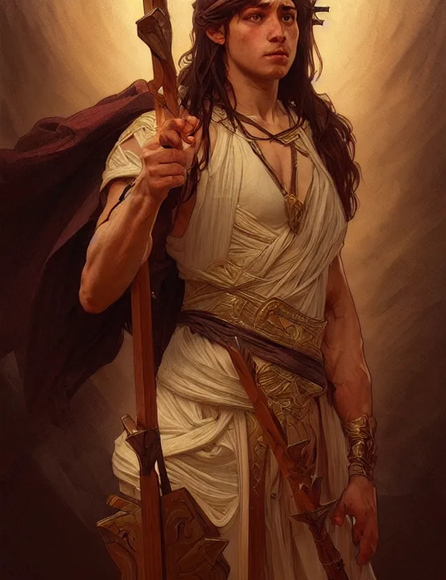 Image similar to portrait of biblical cain holding a spear, intricate, headshot, highly detailed, digital painting, artstation, concept art, sharp focus, cinematic lighting, illustration, art by artgerm and greg rutkowski, alphonse mucha, cgsociety