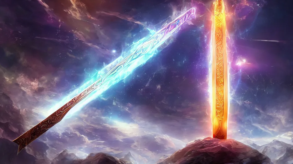 Image similar to a huge divine sword breaks the universe open, hd, hdr, ue 5, ue 6, unreal engine 5, cinematic 4 k wallpaper, 8 k, ultra detailed, high resolution, artstation, award winning