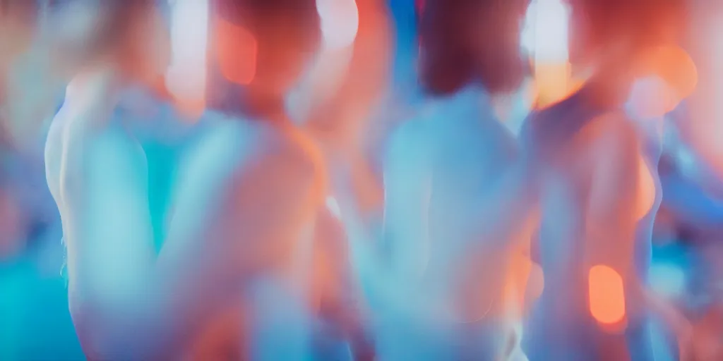 Prompt: a blurry picture of gorgeous human bodies intertwined, long exposure photograph, anamorphic bokeh, orange and cyan lighting, cinematic