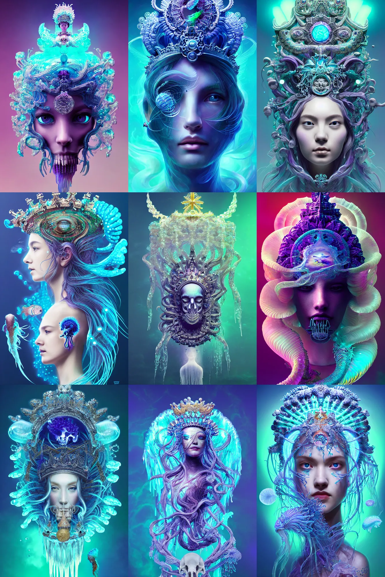 Image similar to goddess macro 3 / 4 profile portrait with crown made of ram skull. betta fish, jellyfish phoenix, bioluminiscent, plasma, ice, water, wind, creature, super intricate ornaments artwork by tooth wu and wlop and beeple and greg rutkowski