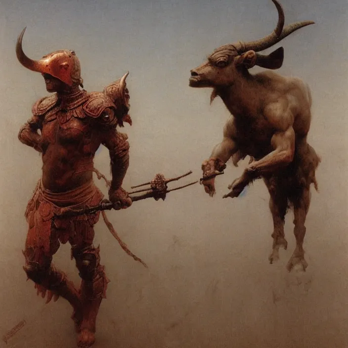 Image similar to minotaur warrior wearing ancient armor concept, beksinski, ruan jia