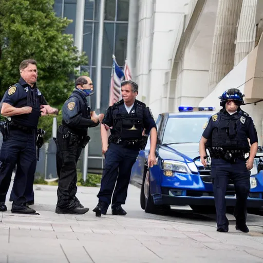 Image similar to fbi director Christopher wray getting arrested by police agents, photo 85mm, f/1.3