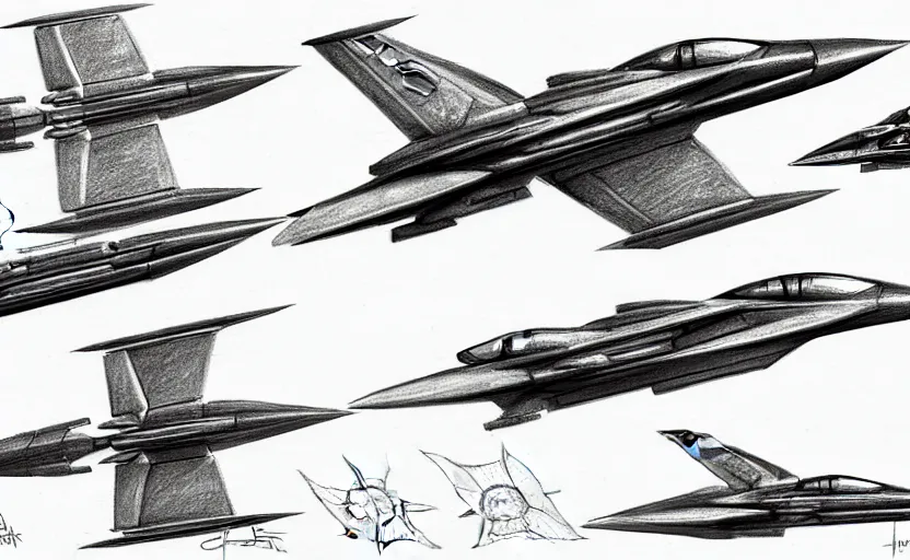 Image similar to pencil concepts or sketchs, with multiple proposals, for spaceship model of a jetfighter, scifi, gradius, ikaruga