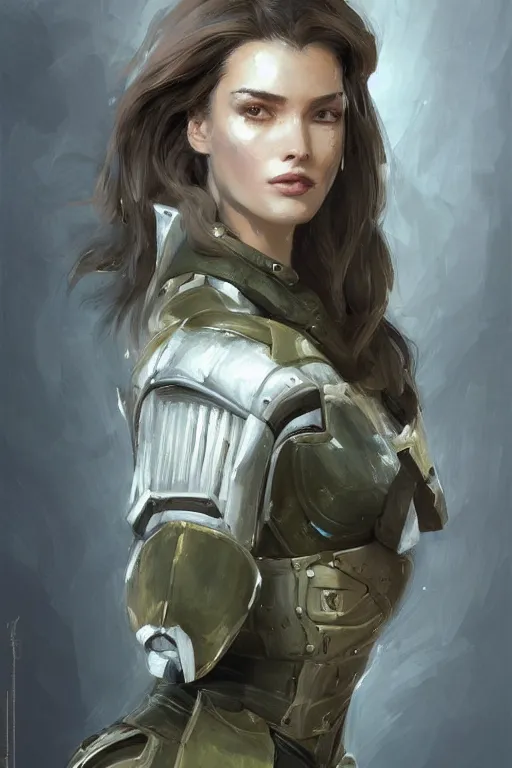 Image similar to a professionally painted portrait of an attractive young woman, clothed in military armor, olive skin, long dark hair, beautiful bone structure, symmetrical facial features, intricate, elegant, digital painting, trending on Artstation, concept art, smooth, sharp focus, illustration, from Metal Gear by Ruan Jia and Mandy Jurgens and Artgerm and William-Adolphe Bouguerea, award winning