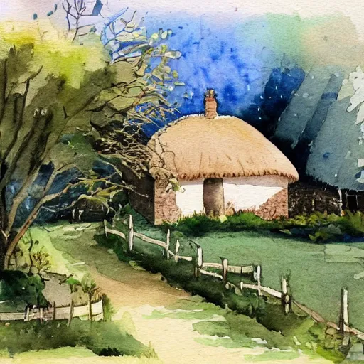 Image similar to a peaceful scene with old thatched cottage nestling amongst the trees, watercolor