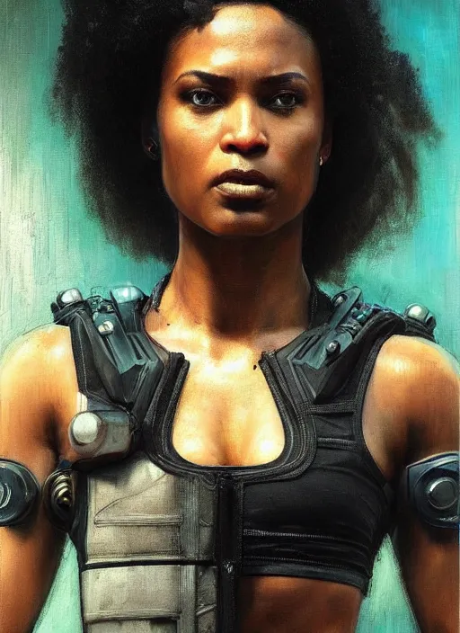 Prompt: Maria Igwe. Buff Cyberpunk policewoman with robotic legs. (Cyberpunk 2077, bladerunner 2049). beautiful face. Iranian orientalist portrait by john william waterhouse and Edwin Longsden Long and Theodore Ralli and Nasreddine Dinet, oil on canvas. Cinematic, vivid colors, hyper realism, realistic proportions, dramatic lighting, high detail 4k