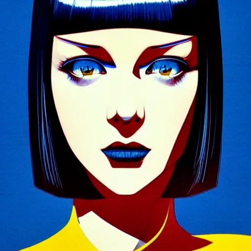 Prompt: woman with dark bobcut haircut with friendly blue eyes and slim features looking surprised, underground box office hit, satire and seventies italian horror movie, giallo, intricate, ultra detailed 8 k, best, cool, extremely beautiful and aesthetic shape of face and neck, art by hiroaki samura and ilya kuvshinov and rossdraws and andy warhol, inverted, epic