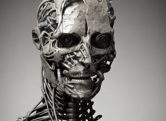 Image similar to a sculpture of full body anatomical cyborg, detailed face, studio lighting