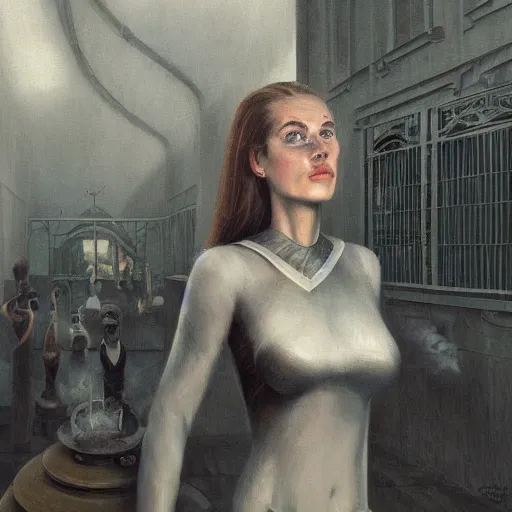 Image similar to detailed face of a clothed woman with obsidian eyes in a architectonic courtyard with whisps of smoke at a science expo, atmospheric, ambient, pj crook, syd mead, livia prima, artgerm, greg rutkowski, nick alm, casey baugh