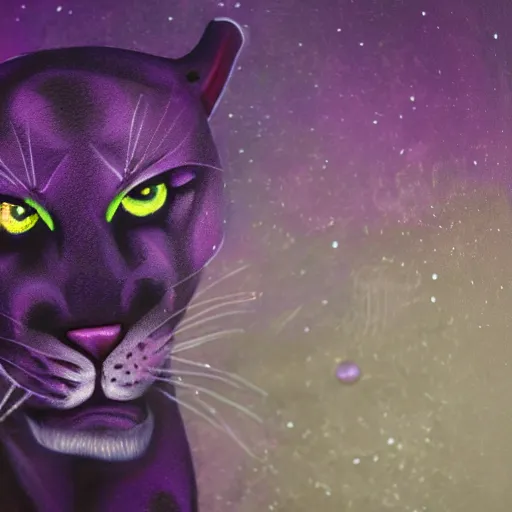 Prompt: closeup of a purple panther roaring at the moon in the forest. night. large moon in the center. detailed eyes. sharp teeth. cinematic. painting. concept art. rustic. gritty.