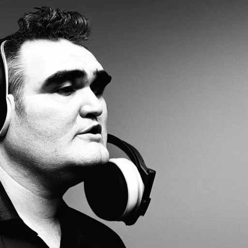 Image similar to obese Morrissey wearing a headset yelling at his monitor while playing WoW highly detailed wide angle lens 10:9 aspect ration award winning photography erasure head