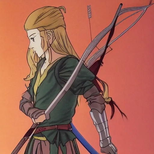 Image similar to Portait of Legolas in an 80s anime version of Lord of the Rings, holding a longbow, very detailed, ultra realistic, handpainted, Satoshi Kon, Hiyao Miyazaki, Katsuhiro Otomo