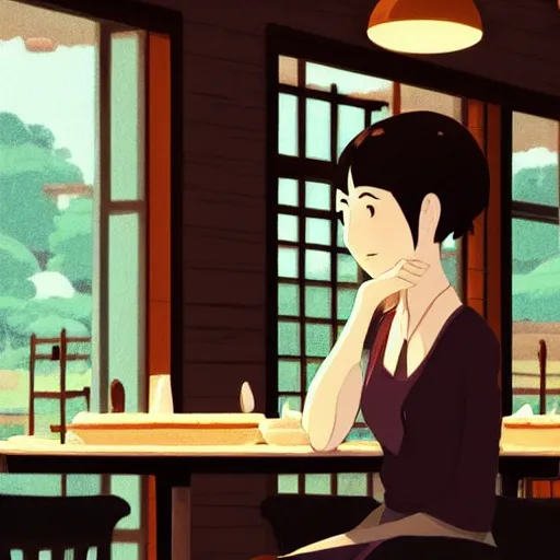 Image similar to woman sitting in a cafe, cottagecore, atey ghailan, goro fujita, studio ghibli, rim light, sharp lighting, clear focus, very coherent,