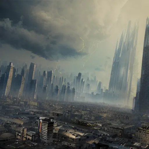 Prompt: giant 500 foot tall man destroying the city, matte painting, concept art, 4k