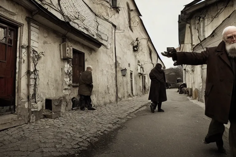 Image similar to cinematography old Russian men entering old bar in Russia showing. by Emmanuel Lubezki