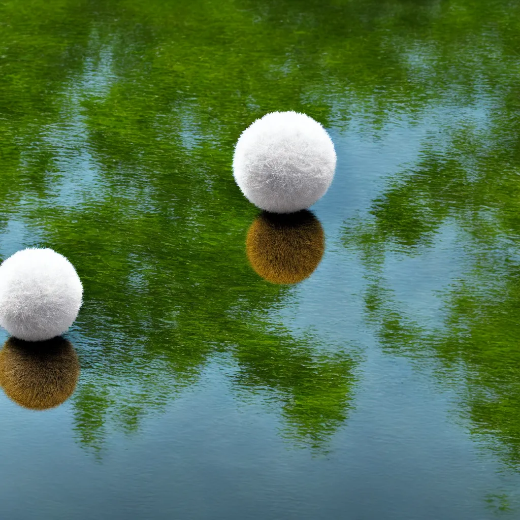 Image similar to a fuzzy orb floating on a pond, calm water, photorealistic, 4 k, detailed, reflection