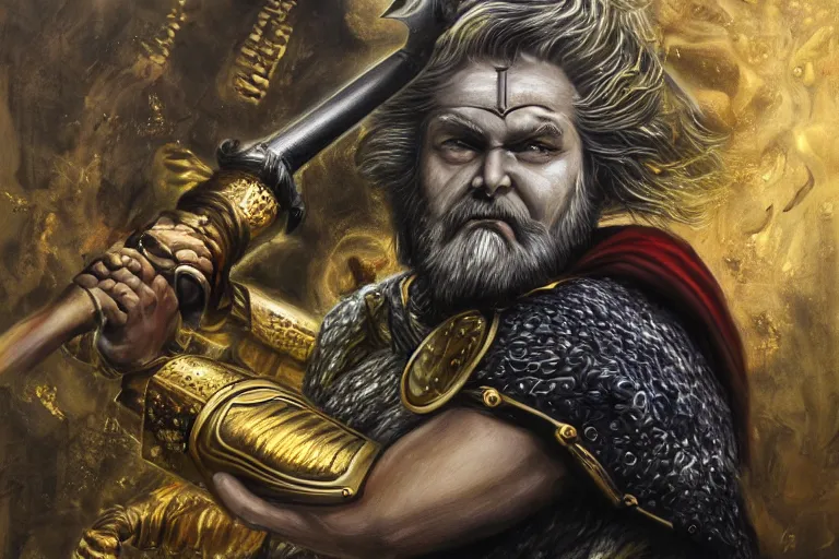 Image similar to mythological angry odin all father supreme God of thunder and smithing and artificial intelligence creating an artificial neural network with gold synapses on an anvil with his mighty hammer, high resolution, award winning art, trending on art station, sharp image, incredibly detailed, detailed character, realistic painting, hyper-realistic painting, coherent painting