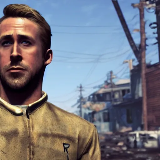 Prompt: ryan gosling in fallout 4 is wearing a raider costume