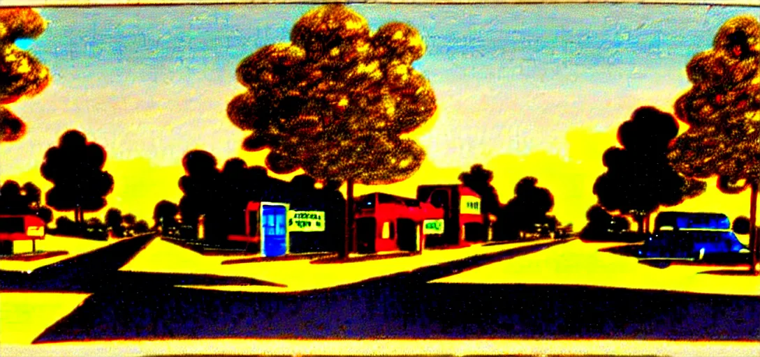 Image similar to concept art of a small rural town in middle America in the 1960s, detailed, Americana, golden hour