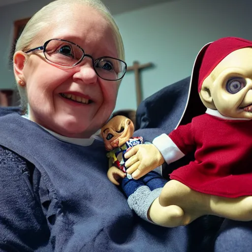 Image similar to a nun in church holding chucky the killer doll on her lap