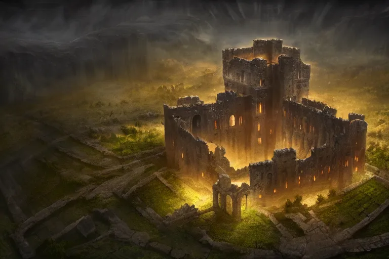 Image similar to giant ancient castle, cinematic, epic, dramatic lighting from above, dark, vines, fantasy, dust, unreal engine, octane, highly detailed, concept art, dark, super realistic