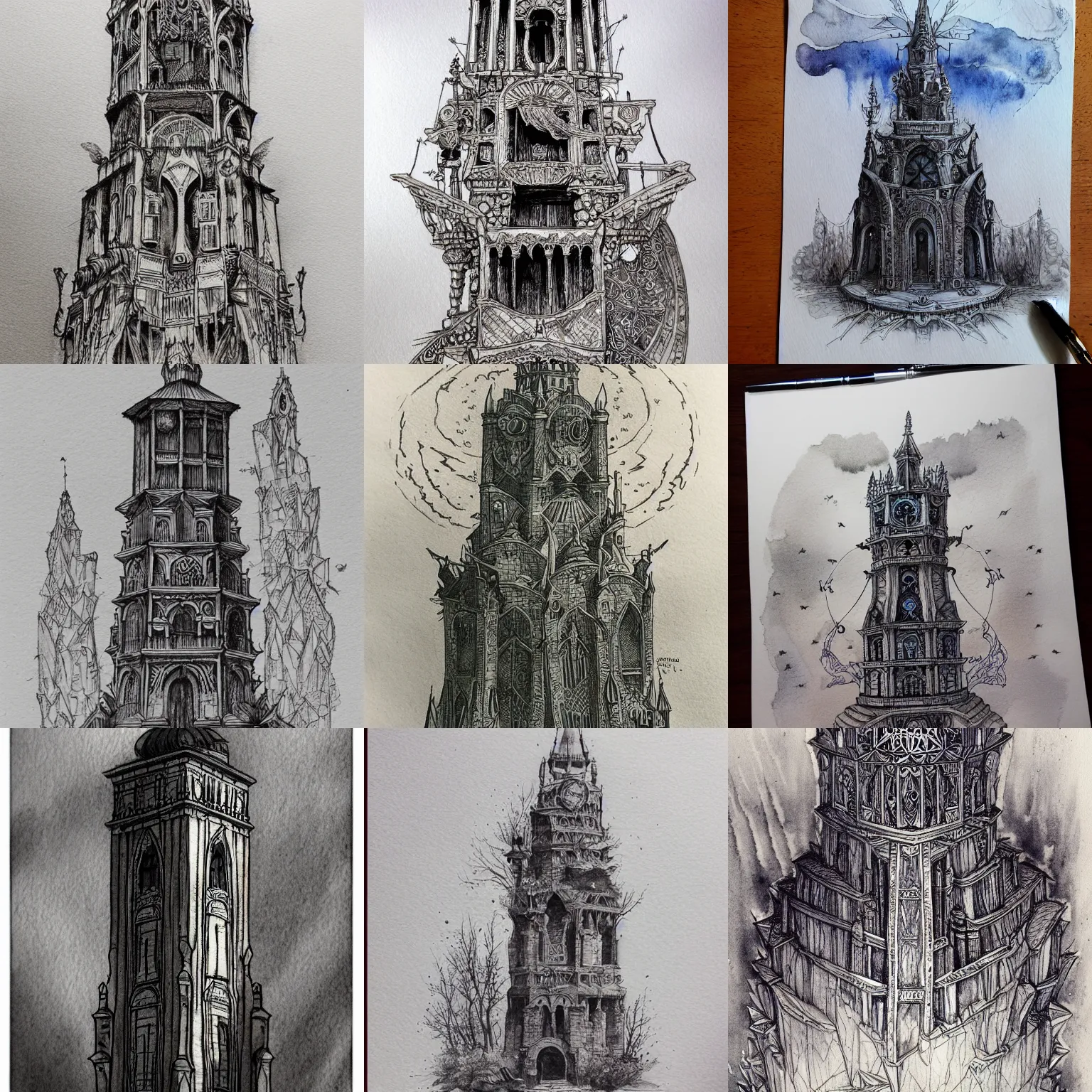 Prompt: beautiful aesthetic inspirational masterful professional ink pen and watercolor sketch of an occult mystic tower, ultra detailed, fine details, trending on artstation, high quality paper