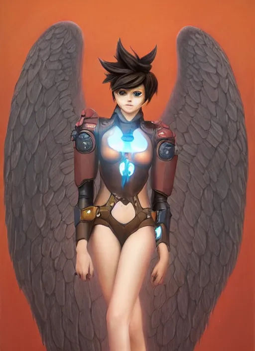 Image similar to full body artwork of tracer overwatch wearing leather collar in style of zdzisław beksinski, angel wings, dramatic painting, symmetrical composition, wearing detailed leather collar, black shiny armor, chains, black harness, detailed face and eyes,