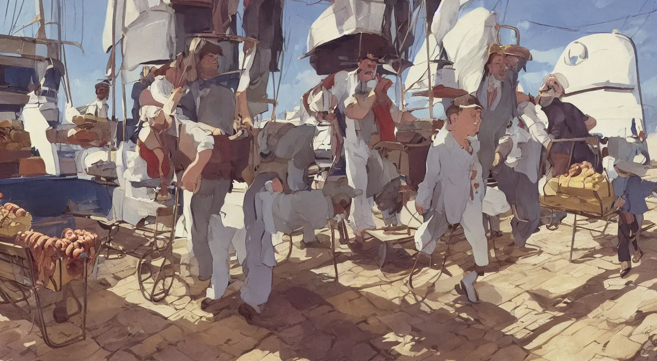 Image similar to ernest shackleton in a crisp white linen shirt and slacks, loading a cart with sausages and hams, havanese dogs running around the cart, cuba, 1 9 0 0, genndy tartakovsky, atey ghailan, goro fujita, studio ghibli, rim light, late morning lighting, clear focus, very coherent