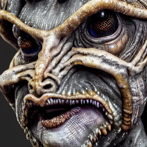 Image similar to photo taken of an epic intricate, ultra detailed, super realistic gritty, terrifying, lifelike sculpture of a nightmarish siren creature design created by weta workshop, zoomed in shots, photorealistic, sharp focus, white wall coloured workshop, cold colour temperture, f 0. 4, face centred