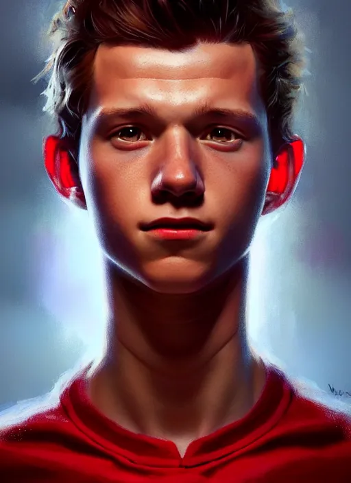 Image similar to portrait of tom holland with hazel eyes, hazel colored eyes, red shirt, intricate, elegant, glowing lights, highly detailed, digital painting, artstation, concept art, smooth, sharp focus, illustration, art by wlop, mars ravelo and greg rutkowski