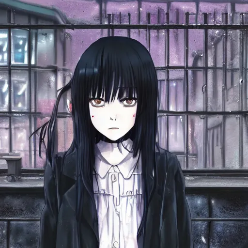 Image similar to 1 7 - year - old anime goth girl, black hair, long bob cut, long bangs, gothic coat, long bangs, united kingdom, rainy day, small town, midlands, english village, street scene, ultra - realistic, sharp details, cold lighting, blue and gray colors, intricate details, subsurface scattering, hd anime, 2 0 1 9 anime