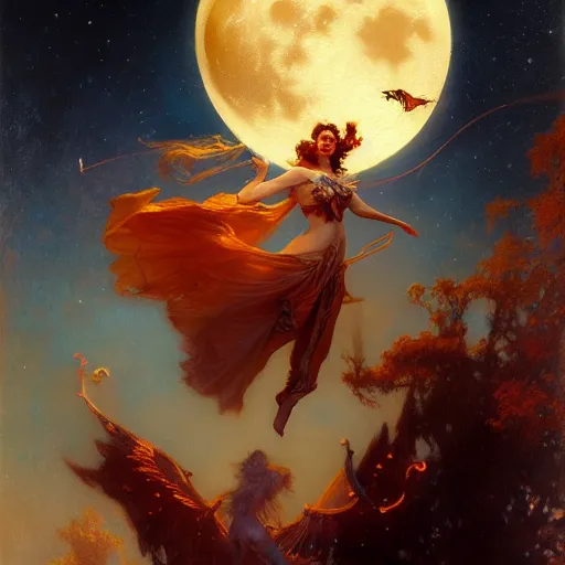 Image similar to attractive witch magically flying trough the night, fantasy, full moon in background. highly detailed painting by gaston bussiere, craig mullins, j. c. leyendecker 8 k