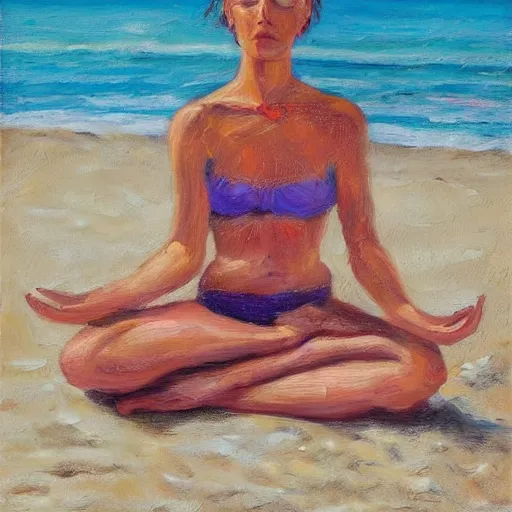 Image similar to freckled woman meditating on beach in caribbean, high detailed, clear, oil on canvas