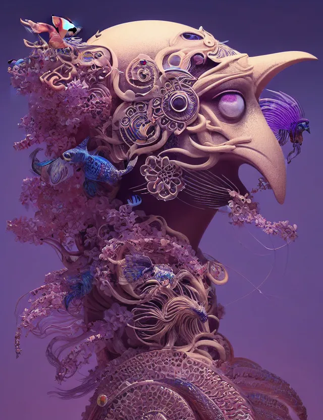 Image similar to 3 d goddess close - up profile solarpunk portrait ram skull. beautiful intricately detailed japanese crow kitsune mask and clasical japanese kimono. betta fish, jellyfish phoenix, bio luminescent, plasma, ice, water, wind, creature, artwork by tooth wu and wlop and beeple and greg rutkowski