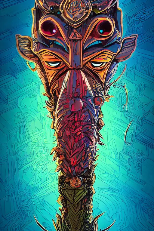 Image similar to totem animal tribal chaman vodoo mask feather gemstone plant wood rock video game illustration vivid color borderlands by josan gonzales and dan mumford radiating a glowing aura