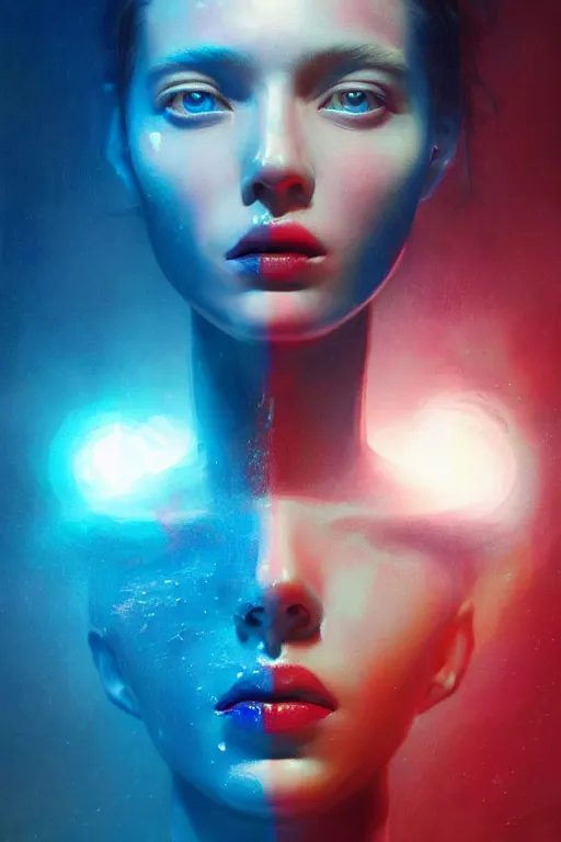 Image similar to 3 d, sci - fi, sun rays, grim fashion model face, cinematic, blue faces, vogue cover style, poster art, light red and deep blue mood, realistic painting, intricate oil painting, high detail, figurative art, multiple exposure, poster art, 3 d, by tooth wu and wlop and beeple and greg rutkowski