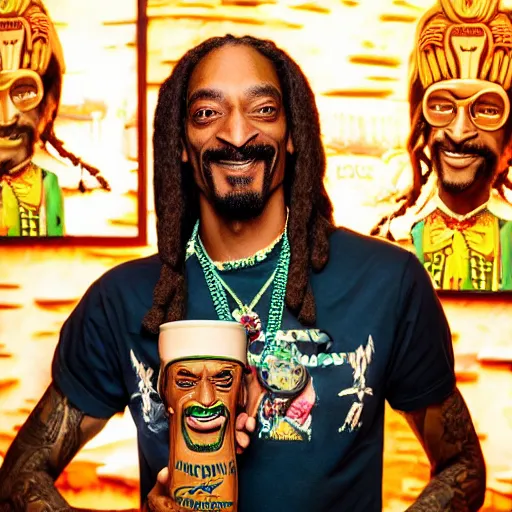 Prompt: a closeup photorealistic photograph of happy snoop dogg at trader vic's bar holding a trader vic's tiki mug that features the face of snoop dogg. brightly lit scene. this 4 k hd image is trending on artstation, featured on behance, well - rendered, extra crisp, features intricate detail, epic composition and the style of unreal engine.